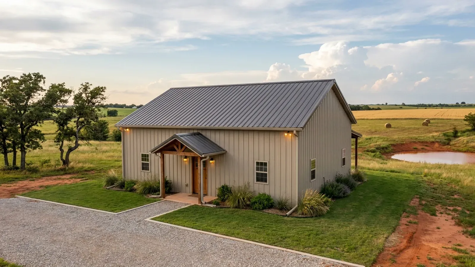 A compact 30x40 barndominium sized like a starter home or cabin, with a covered entry porch and no large shop bay.