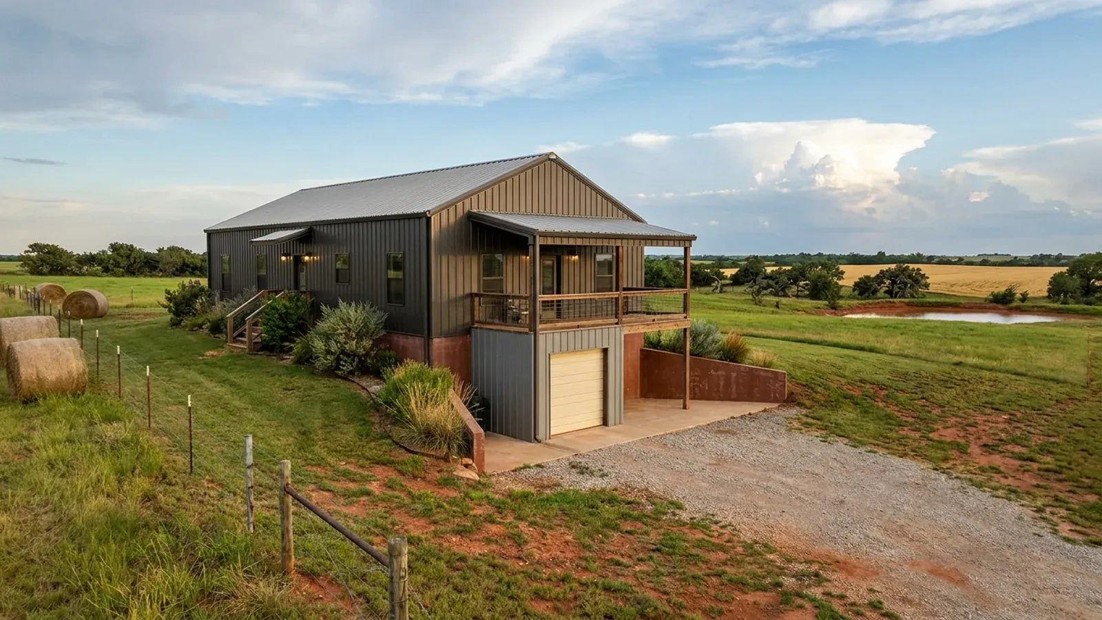 A barndominium raised on a stem-wall foundation with steps up to the entry and enclosed storage space beneath the elevated floor.