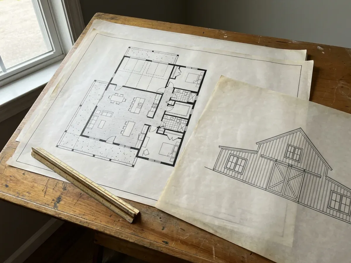Barndominium floor plan and elevation drawings laid out on a drafting table with a scale rule.