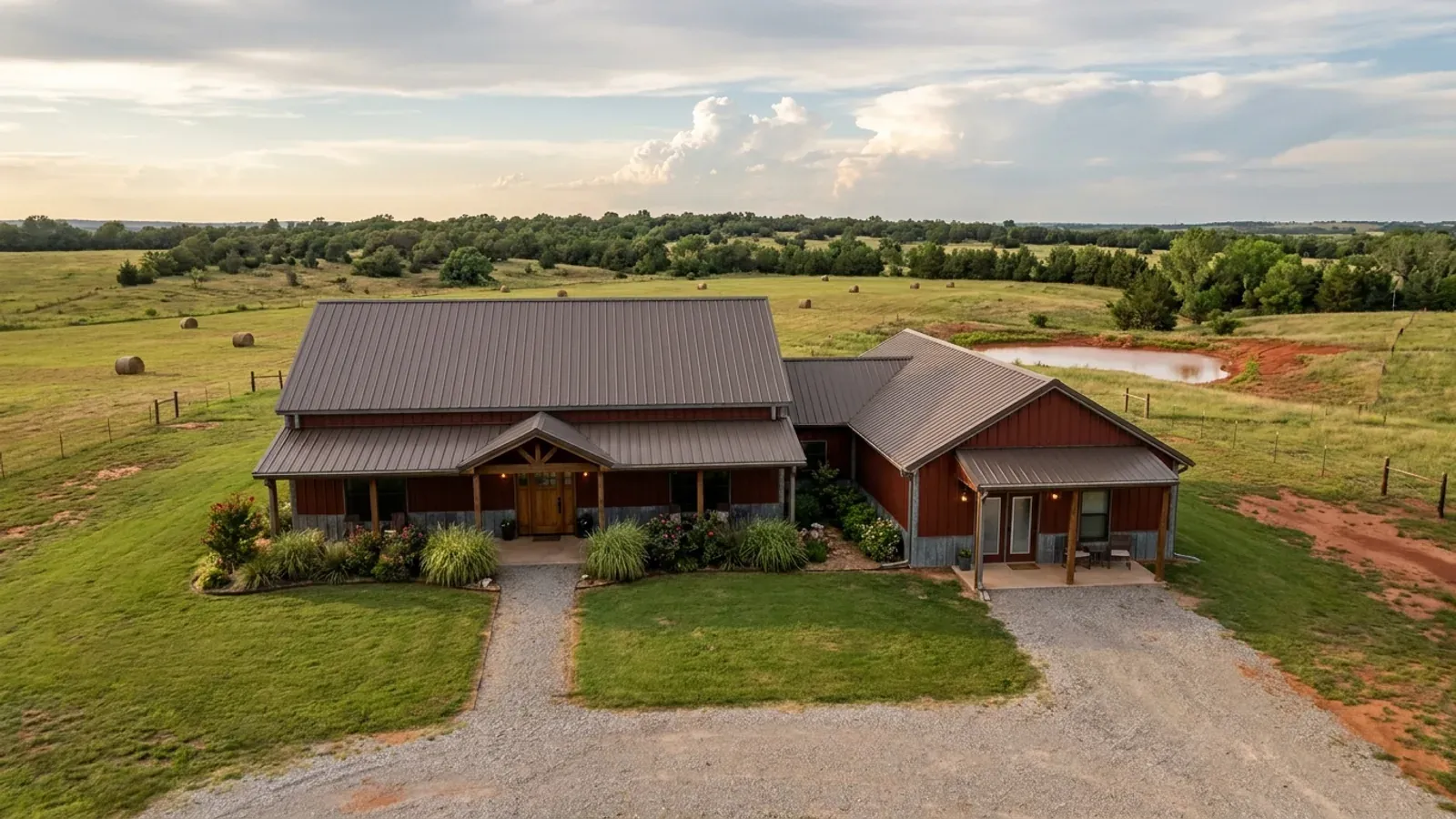A barndominium with a smaller attached in-law suite wing that has its own separate covered entry, distinct from the main entry.
