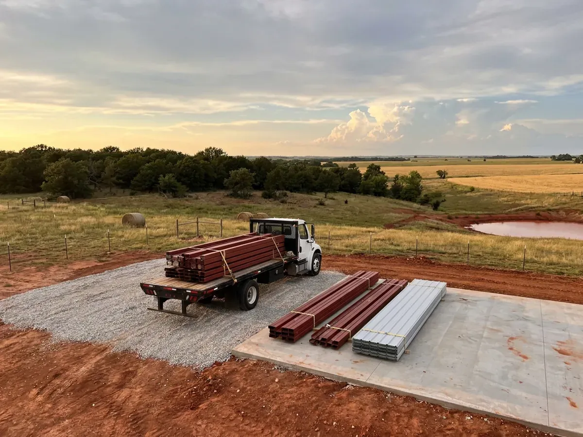 A flatbed truck delivering banded steel frame members and stacked metal roof panels to a building site beside a finished concrete slab.