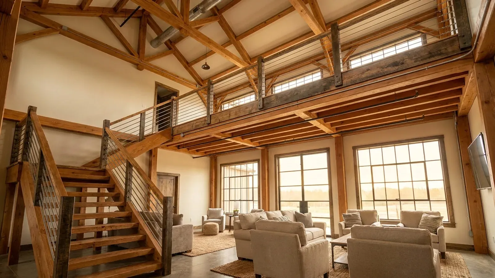 A barndominium great room with an open loft level and railing built over part of the room, reached by an open staircase.