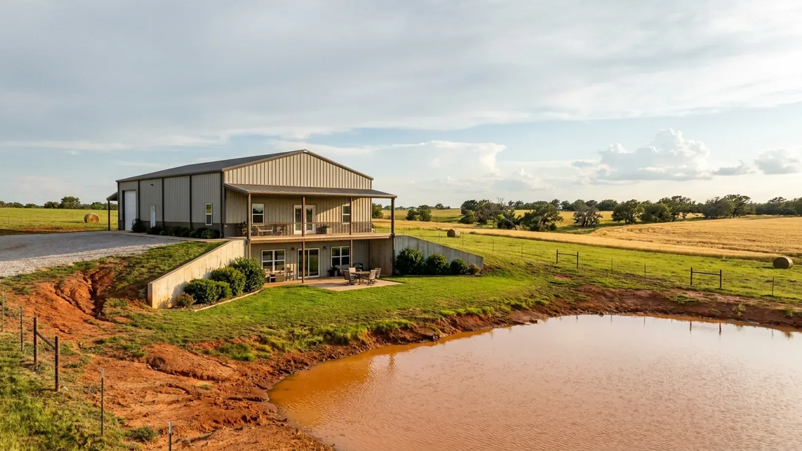 A barndominium with a walkout basement built into a sloping lot, the lower level opening onto a patio at grade.