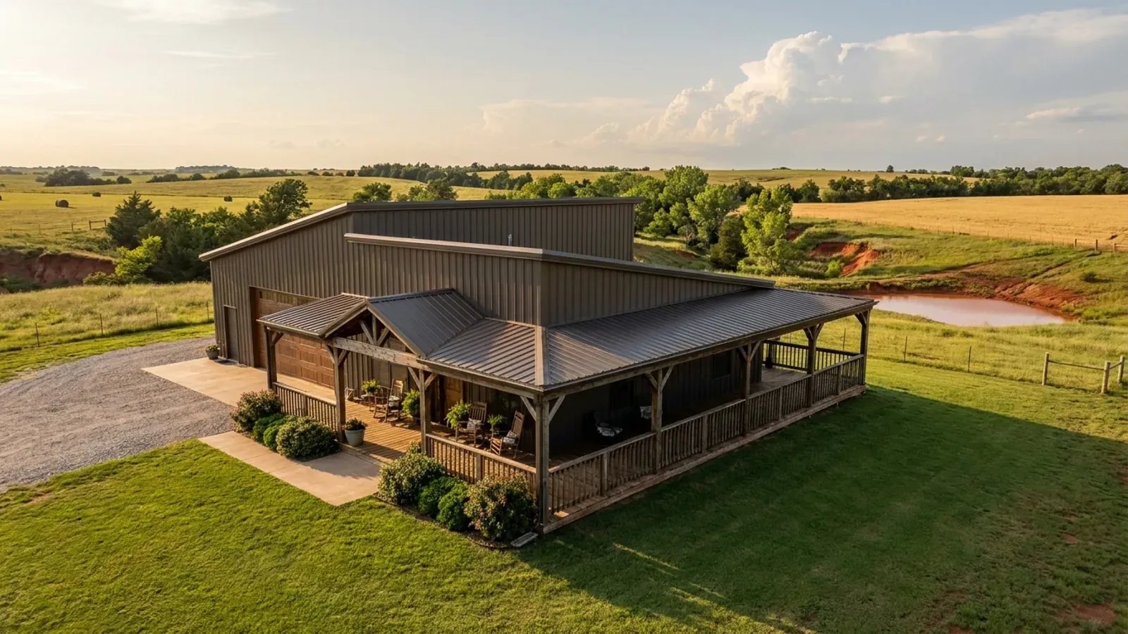 A barndominium exterior showing a deep wrap-around covered porch with posts and railing along two sides of the building.