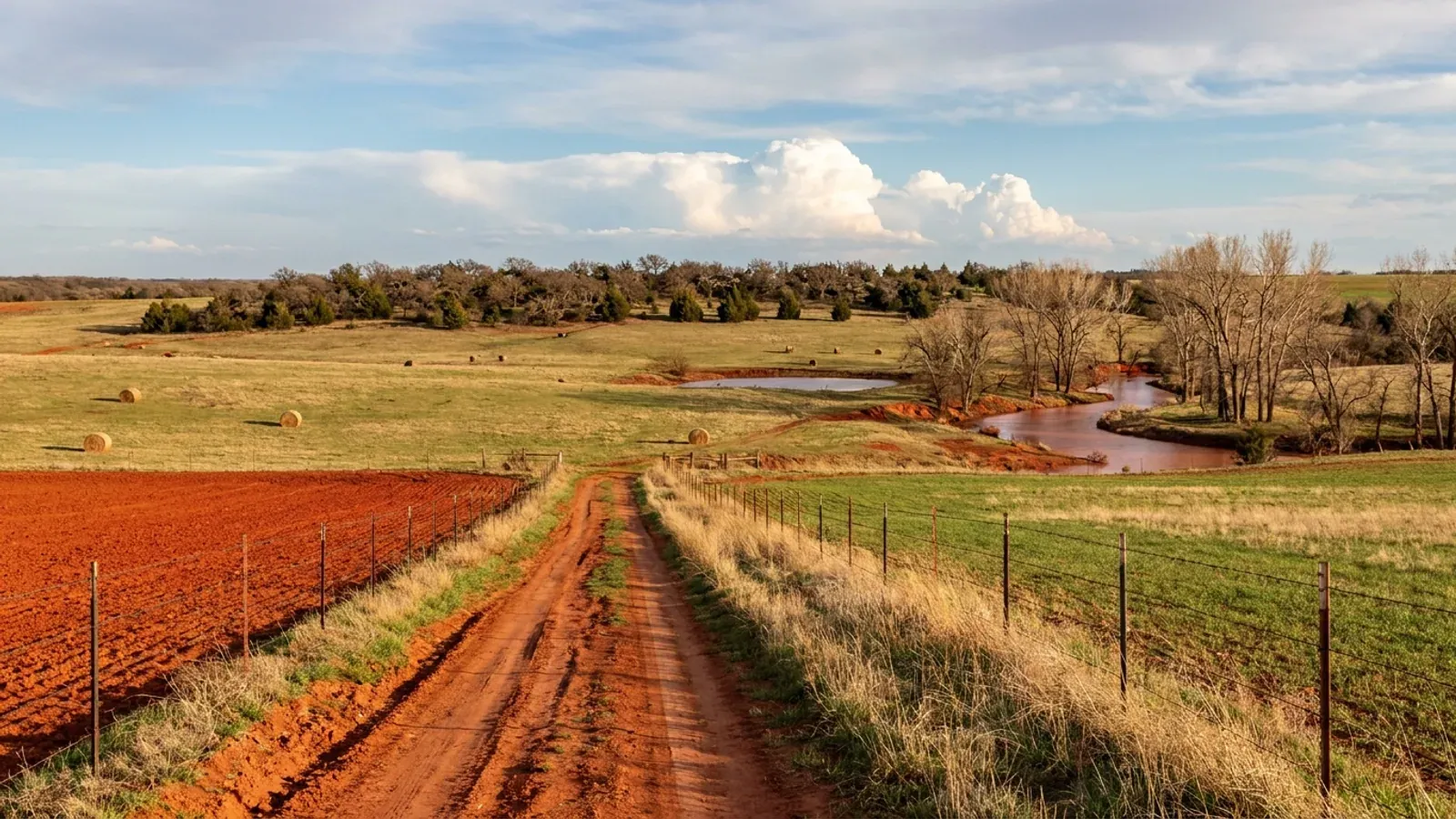 Gently rolling pasture and green wheat beside a worked field of brick-red soil, with a belt of post oak and a red dirt road under a big sky.