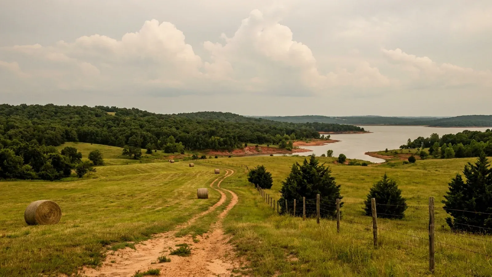Low rolling hills of dense post oak and blackjack oak opening into hay meadows, with a broad lake and red clay banks beyond.
