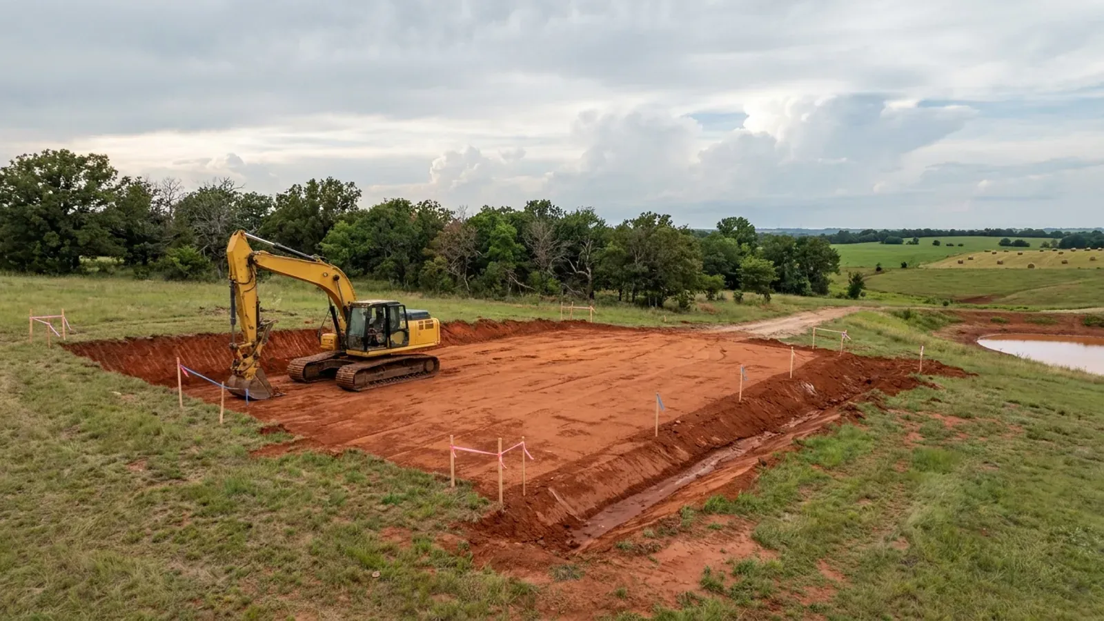 An excavator grading a compacted building pad on a cleared lot of red soil, with survey stakes and a drainage swale visible.