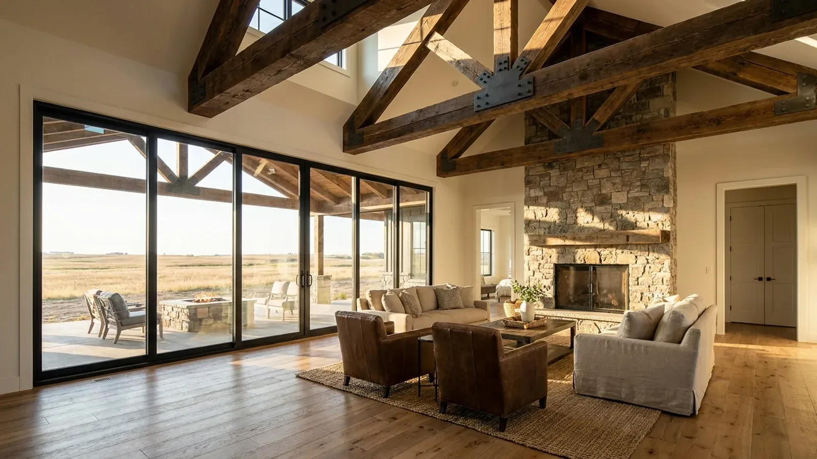 A vaulted barndominium great room with exposed wood trusses, a wall of glazed sliding doors, and a stone-clad fireplace.