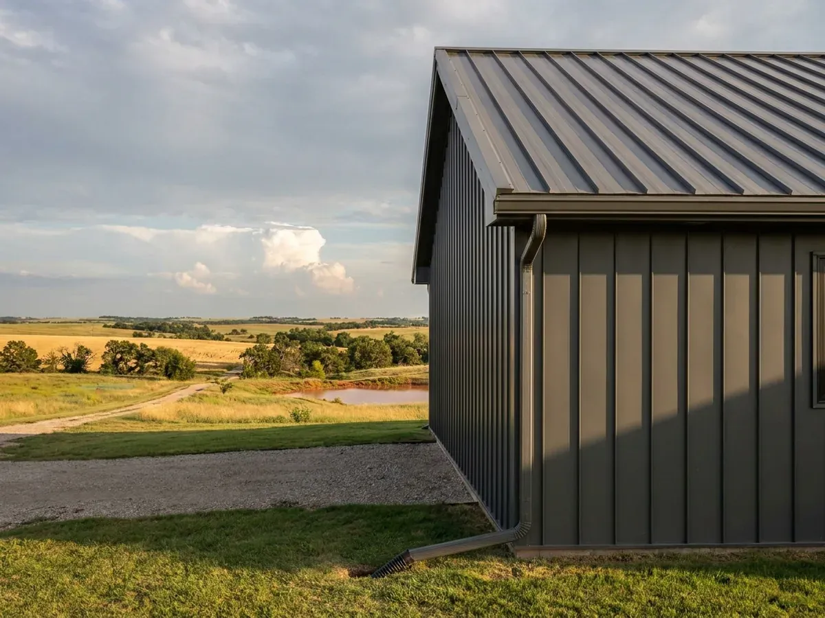 Exterior detail of a metal-clad home showing standing seam roofing, vertical wall panels, and a downspout discharging away from the wall.