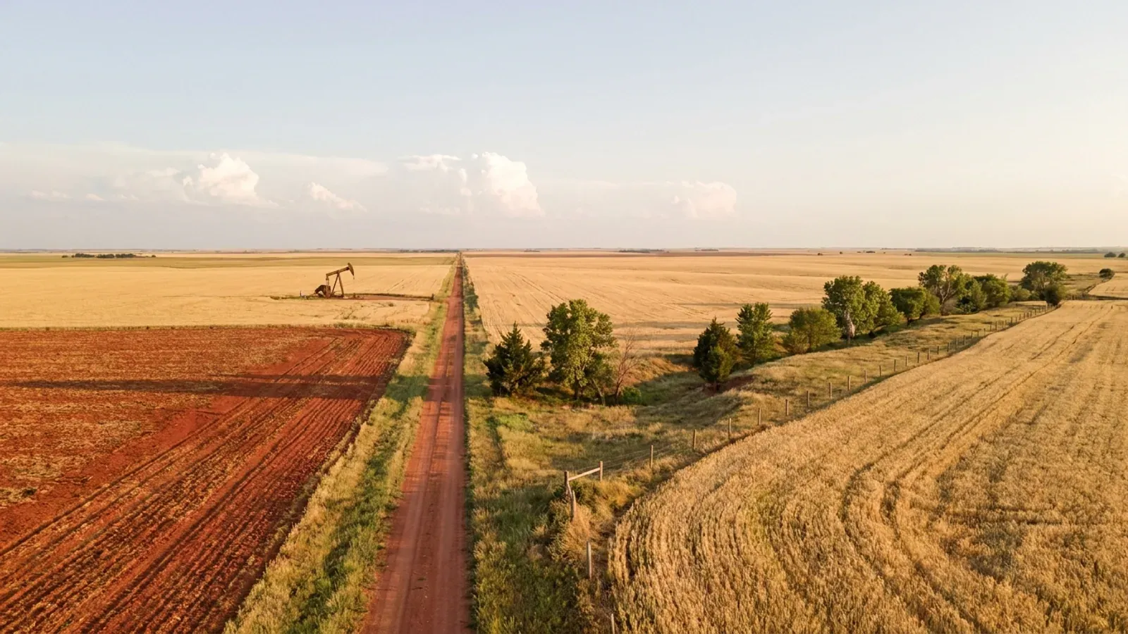 Ripe golden wheat beside a disced field of brick-red soil, with a straight red dirt road and a lone distant pumpjack under a huge sky.