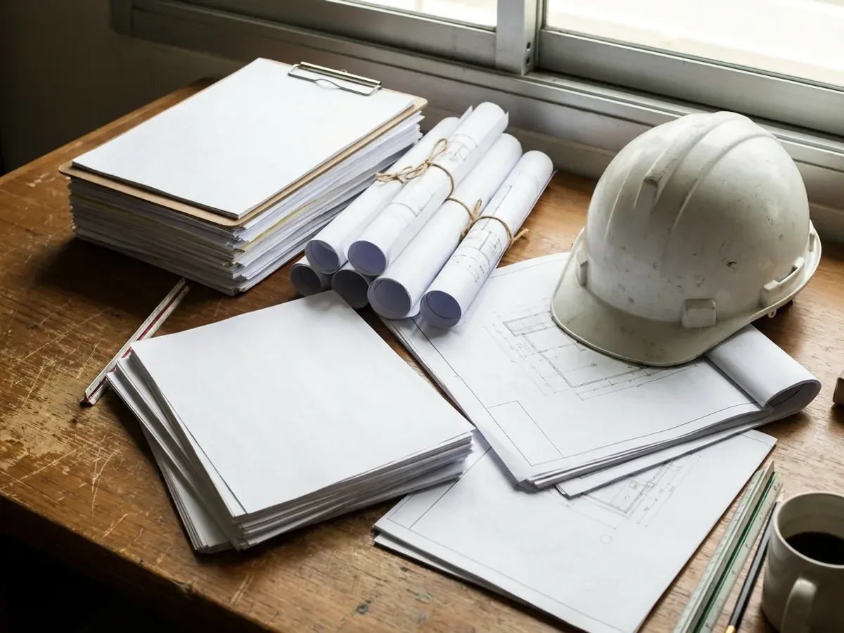 A building permit submittal package on a desk with rolled construction drawings, forms on a clipboard, and a hard hat.
