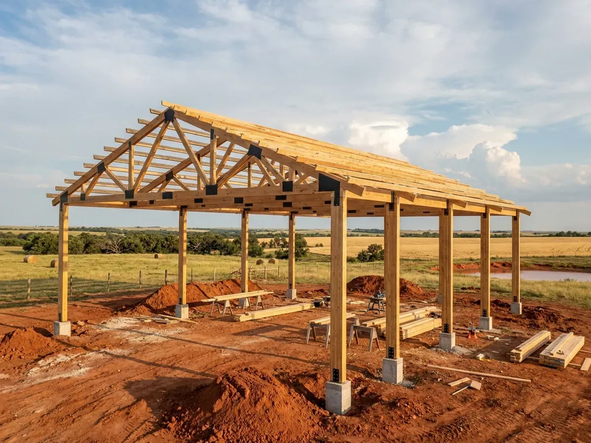 A post-frame home under construction, showing laminated timber columns on concrete piers and wide-span roof trusses with no interior bearing walls.