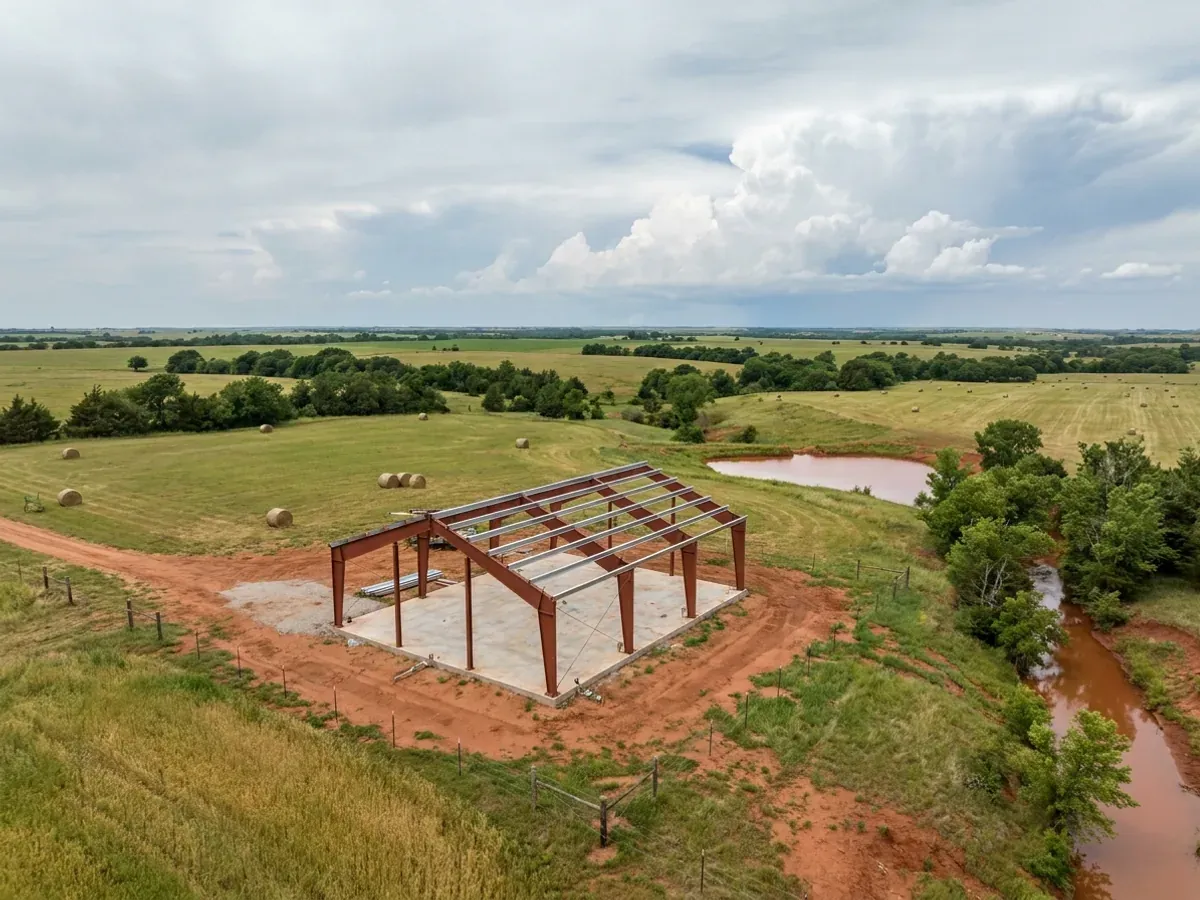 A red oxide primed structural steel frame partly erected on a concrete slab, showing bolted knee joints and anchor bolts.