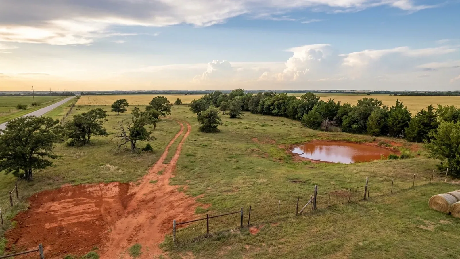 Aerial view of an undeveloped rural lot in open pasture with scattered oaks, a red dirt access track and a small stock pond.