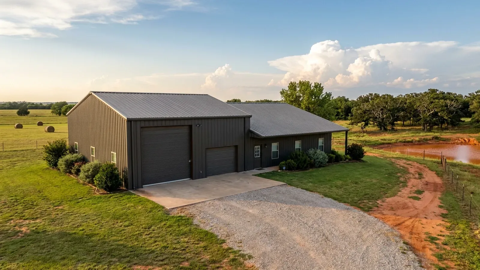 A barndominium with a tall, deep RV garage bay attached to the residence under one continuous roof.