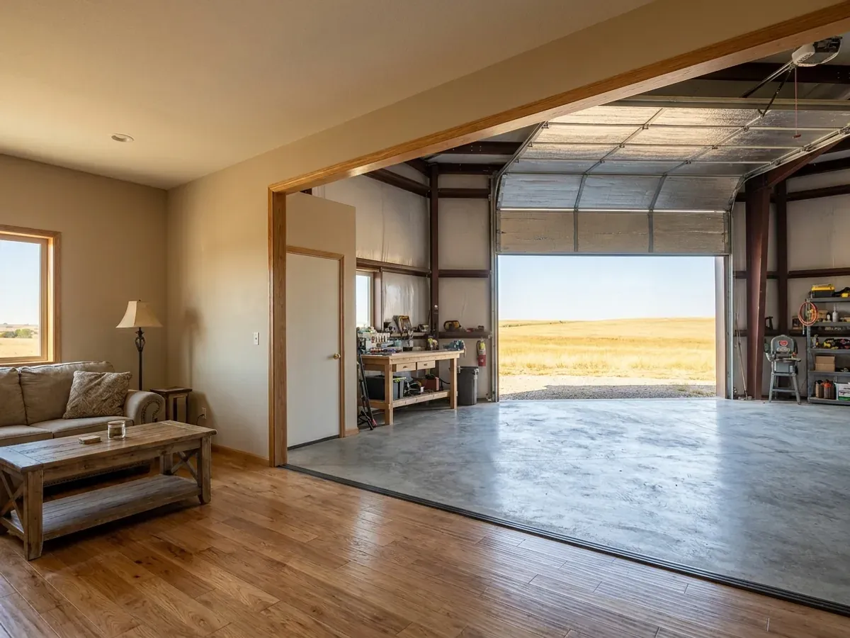 The interior of a shouse where a finished living area with warm flooring meets a shop bay with polished concrete and a tall roll-up door.