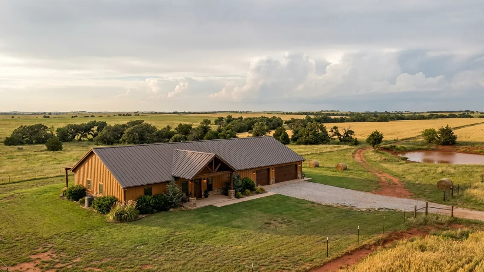 A completed single-story barndominium with a long, low roofline and no upper-level windows.