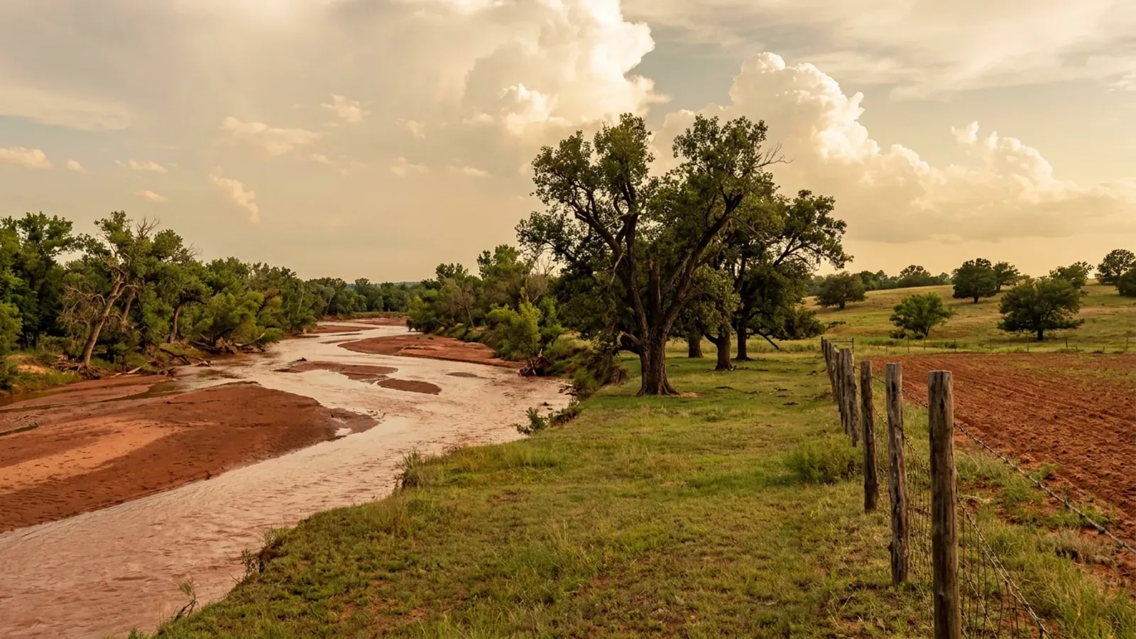 A wide shallow red river braided between red sand bars, with an old pecan grove on the bottomland and rolling pasture beyond.