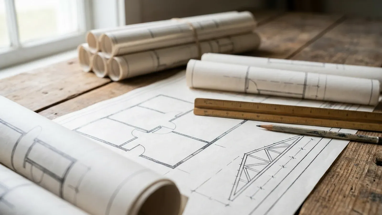 Overhead view of architectural floor plan and structural elevation drawings spread on a workbench with a scale ruler and pencil.