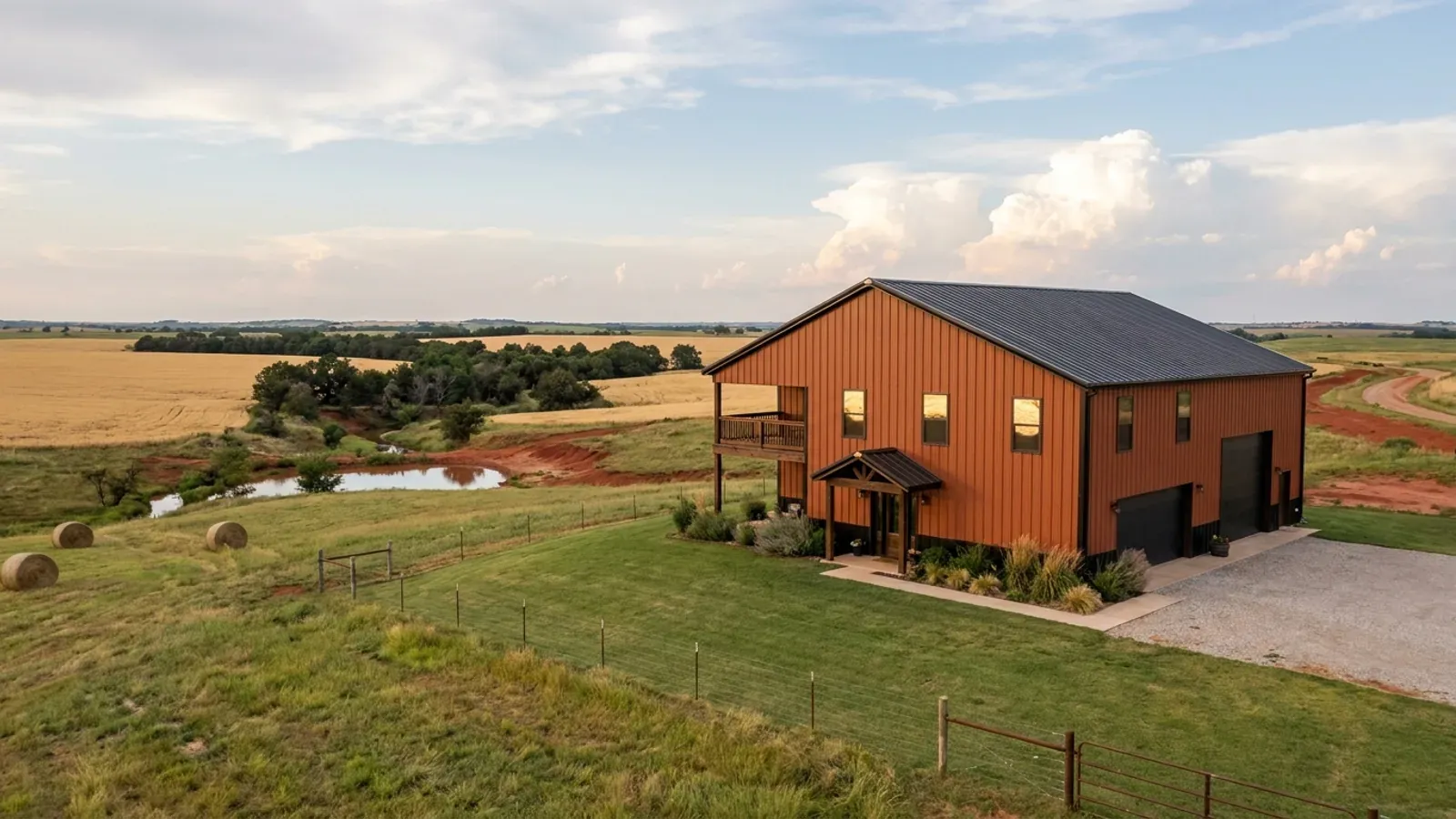 A completed two-story barndominium with visible second-story windows and a small covered balcony above the entry porch.