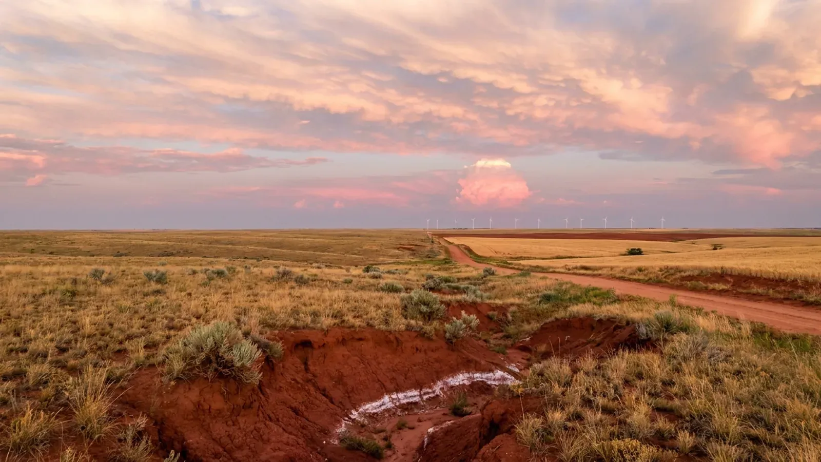 Open mixed-grass prairie over deep red earth with a small eroded gully and wheat stubble, and a distant row of wind turbines on the horizon.